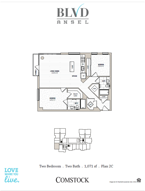 Floor plan for 2 beds, 2 baths, 1086 sqft